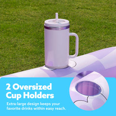 Sloosh tanning pool lounger shows two drink holders for refreshing beverages.