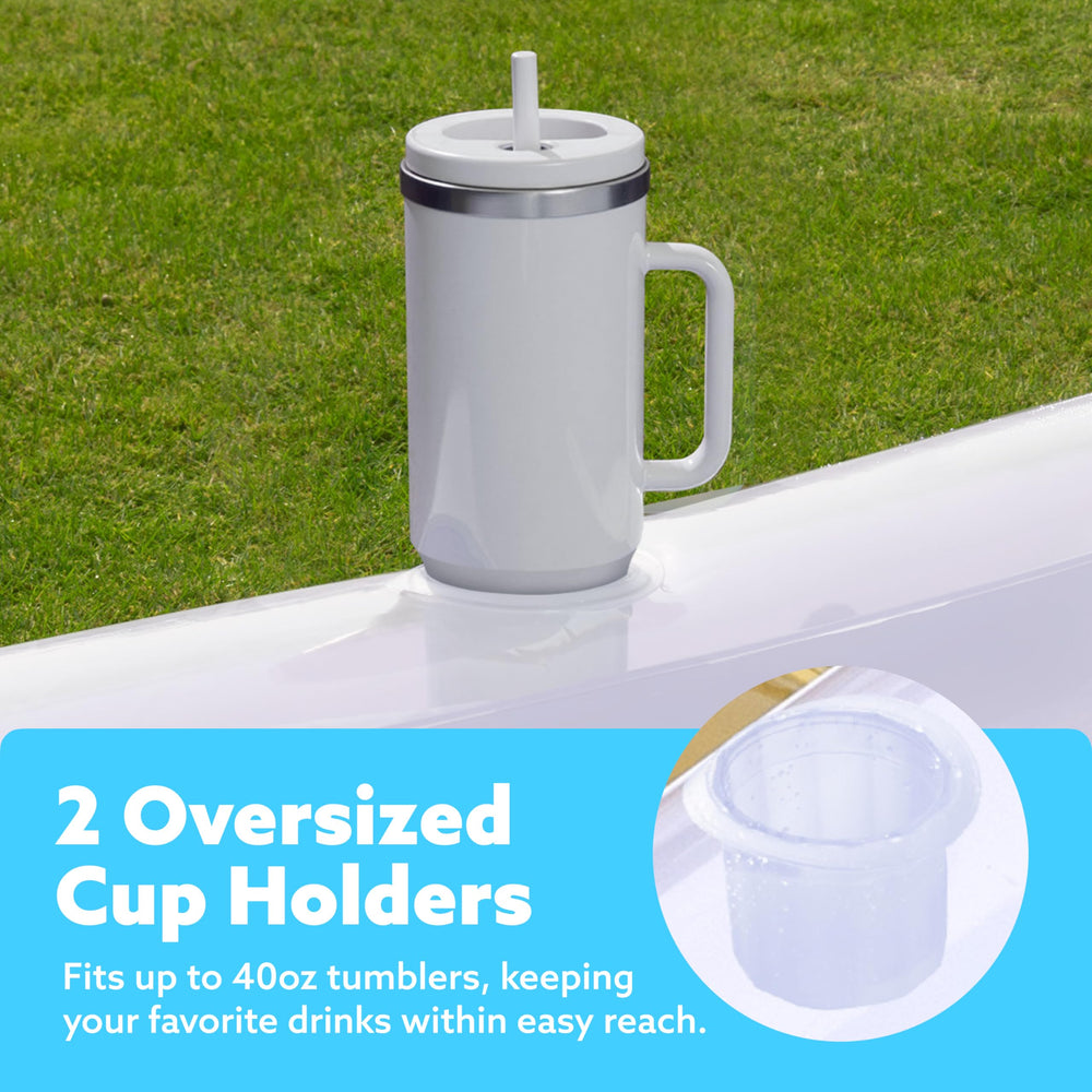 Sloosh lounge float features two drink holders and wrap-around grab line for stability.