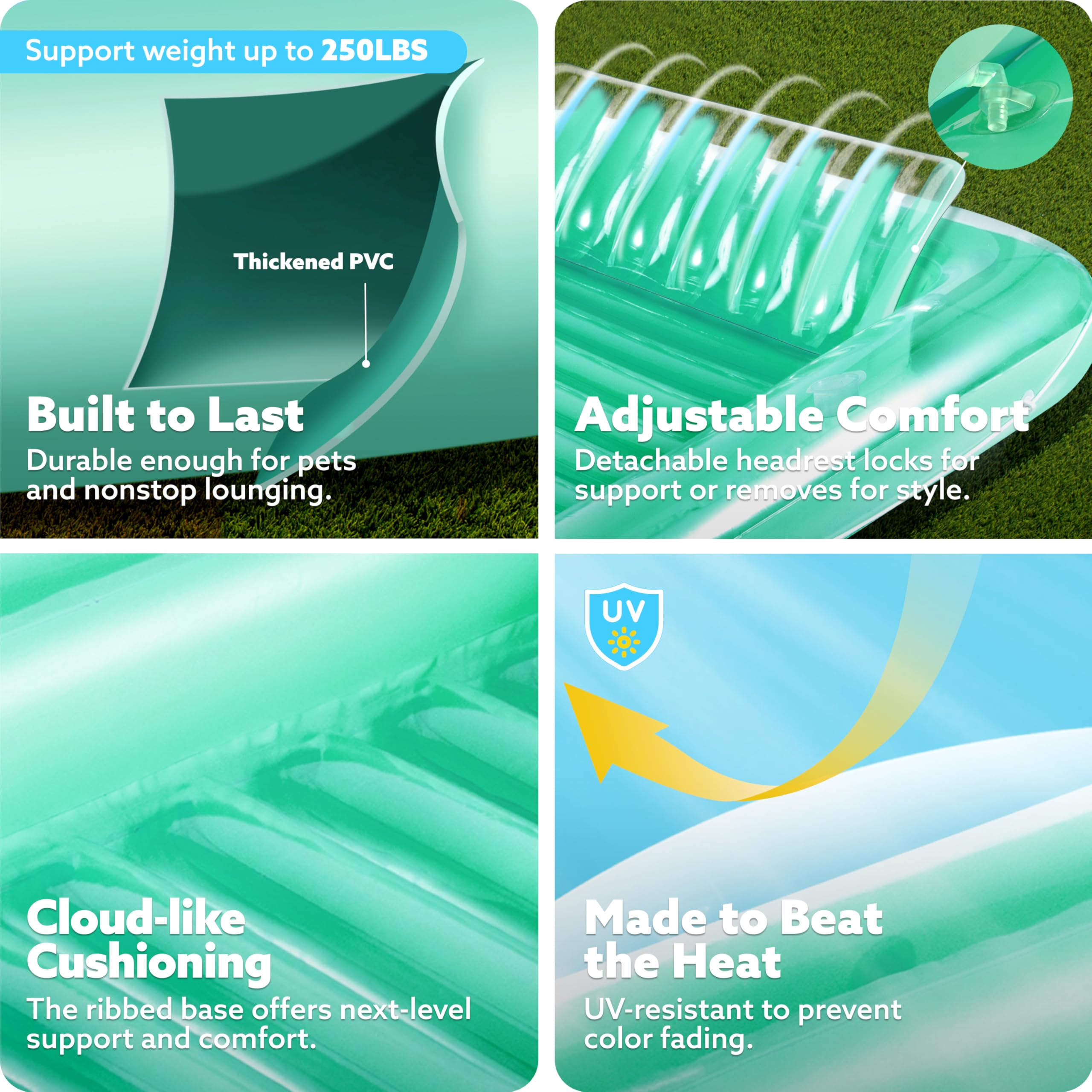 Sloosh tanning pool lounger uses UV resistant PVC up to 0.3 mm for durability