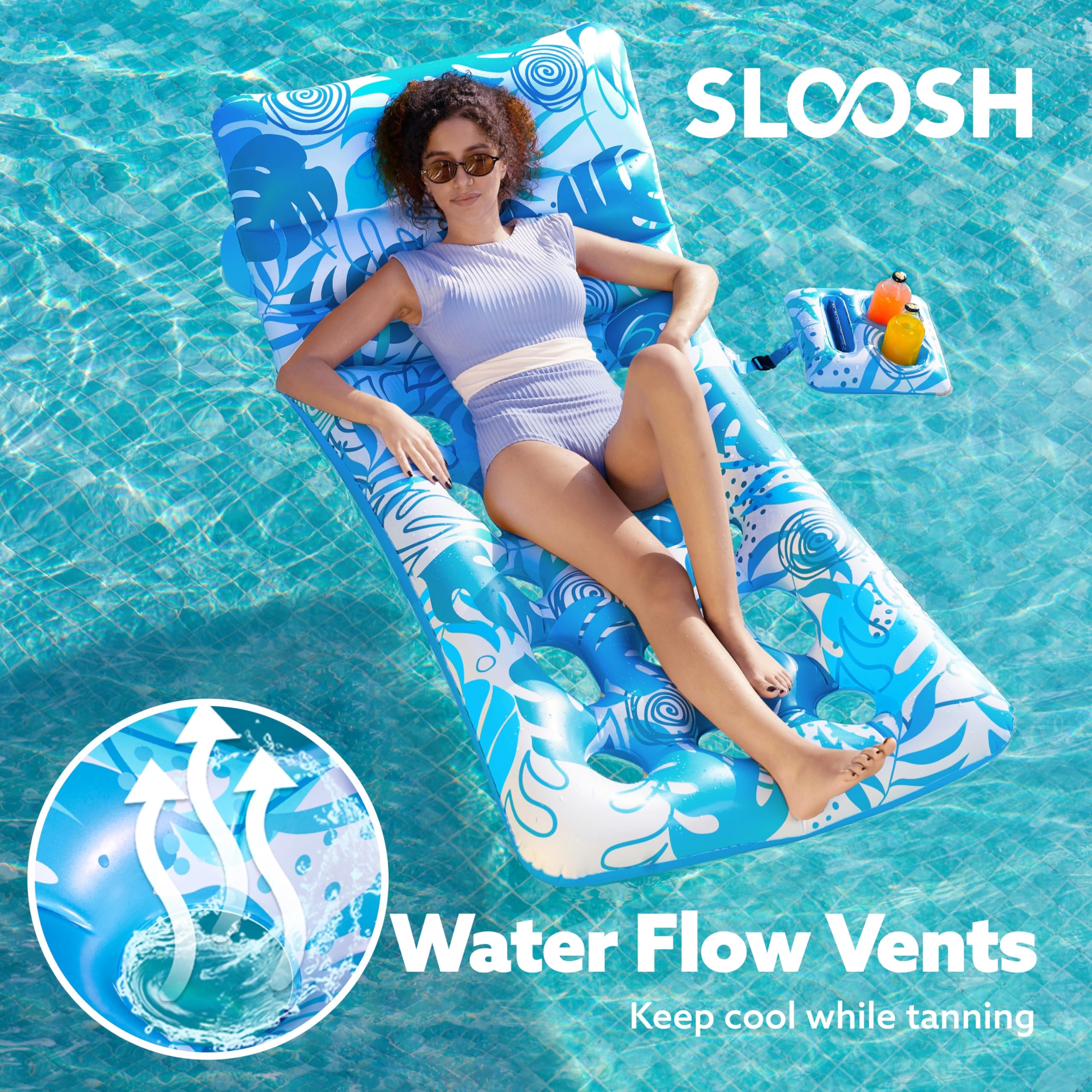 SLOOSH blue pool float showing water flow vents for cooler lounging