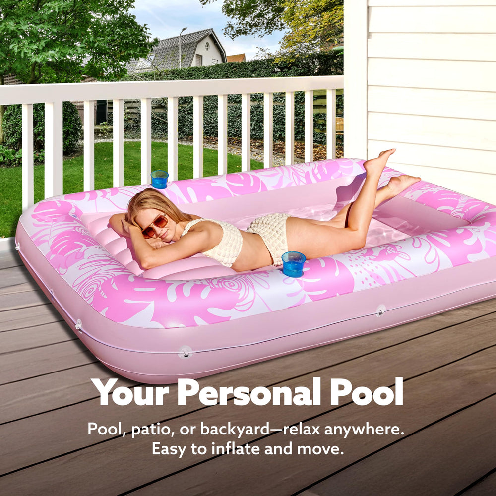 Sloosh pool lounger showing wrap-around grab line and drink holders for stable lounging.