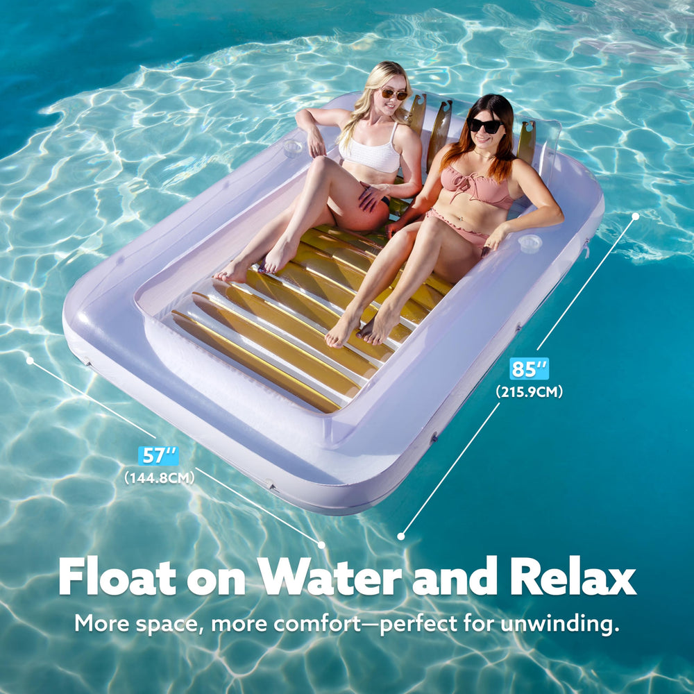 Sloosh XL Golden White float with removable pillow for two-person lounging.