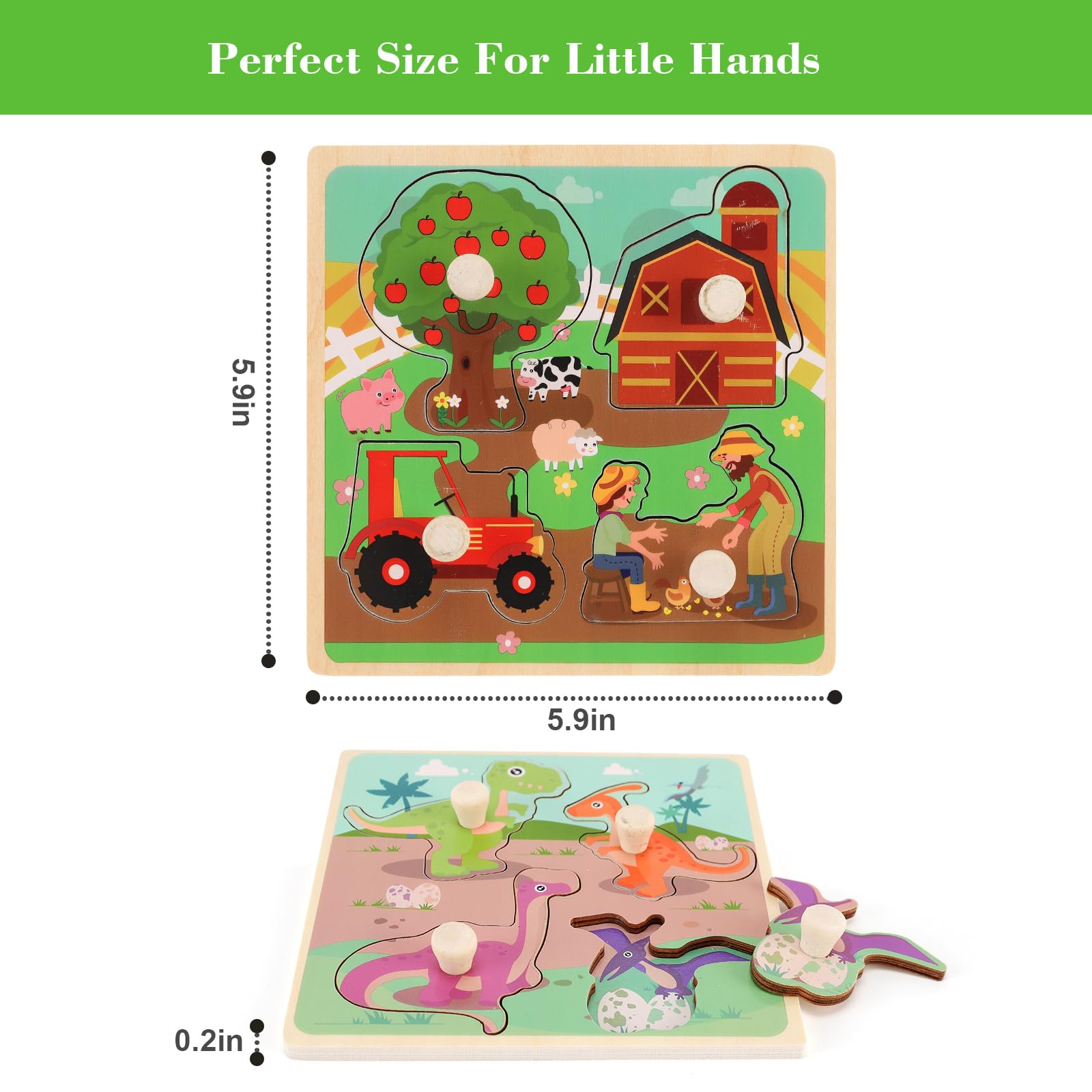 Slotic farm puzzle with animals, fosters recognition and fine motor use.