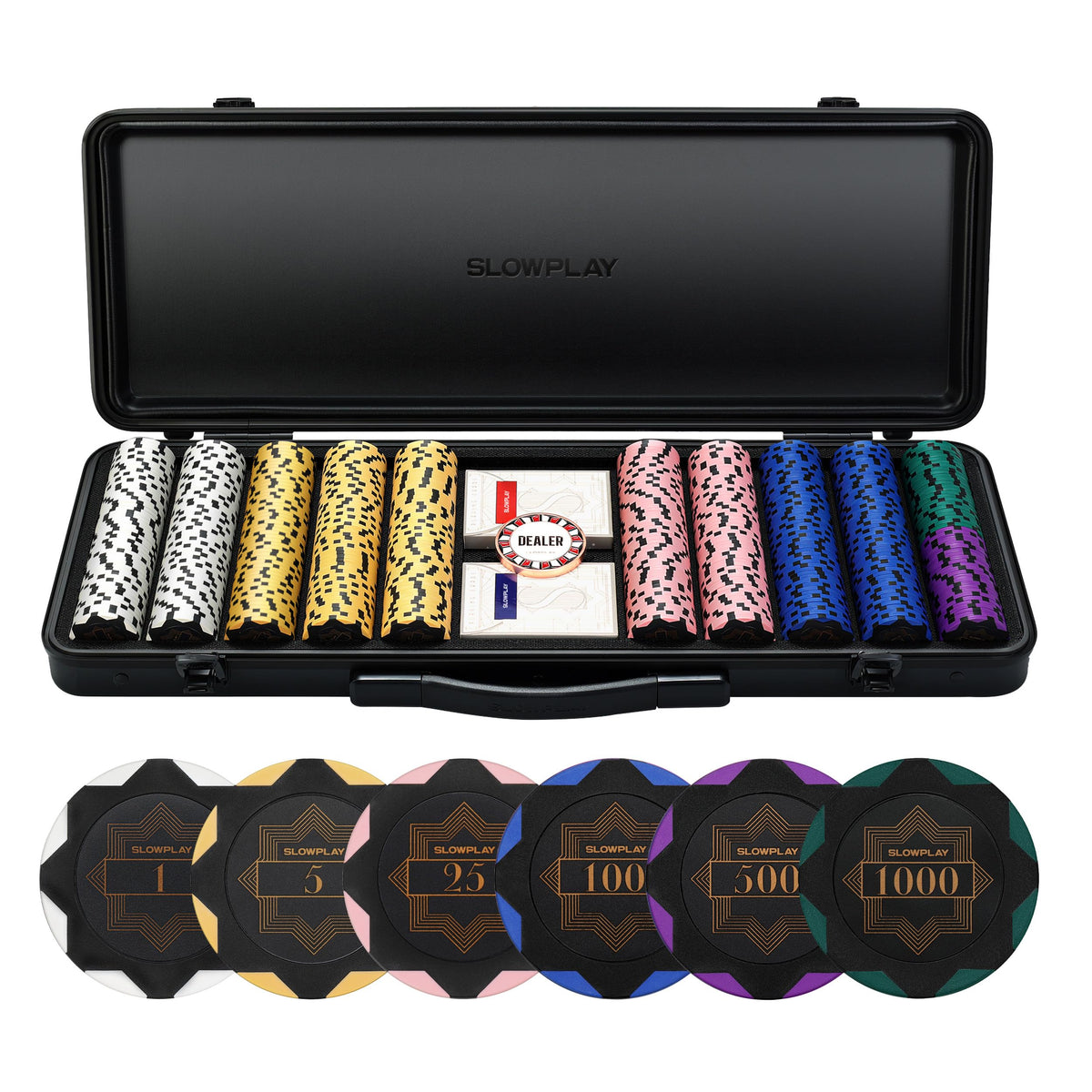 SLOWPLAY 14g clay poker chips full set ready for home games and tournaments.