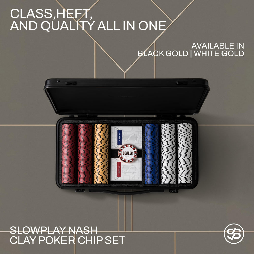 Close-up of SLOWPLAY art deco chip detail showing premium craftsmanship.