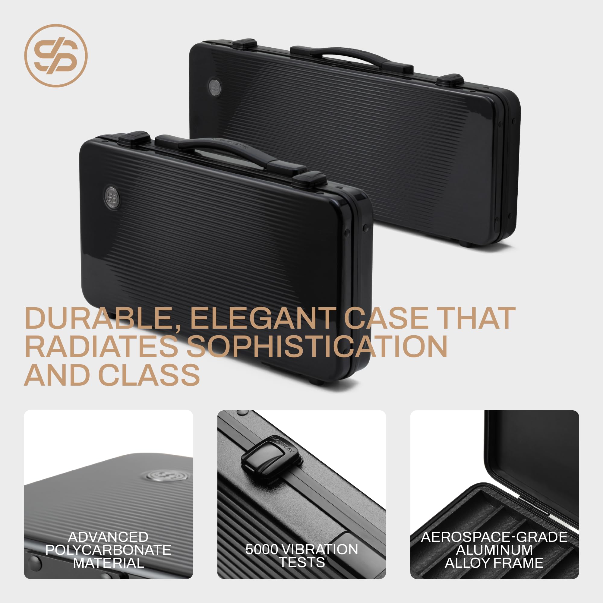 SLOWPLAY Godel case design featuring aviation-grade aluminum frame and sleek black shell.