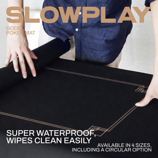 Slowplay Godel poker mat with vegan leather carry bag for quick transport.