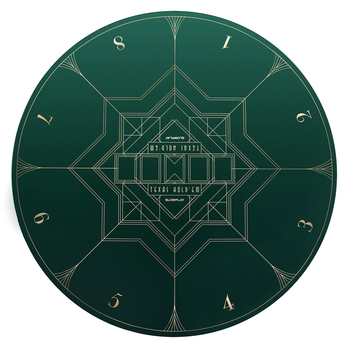 SLOWPLAY Nash 47-inch poker mat with art deco layout enhances home games.