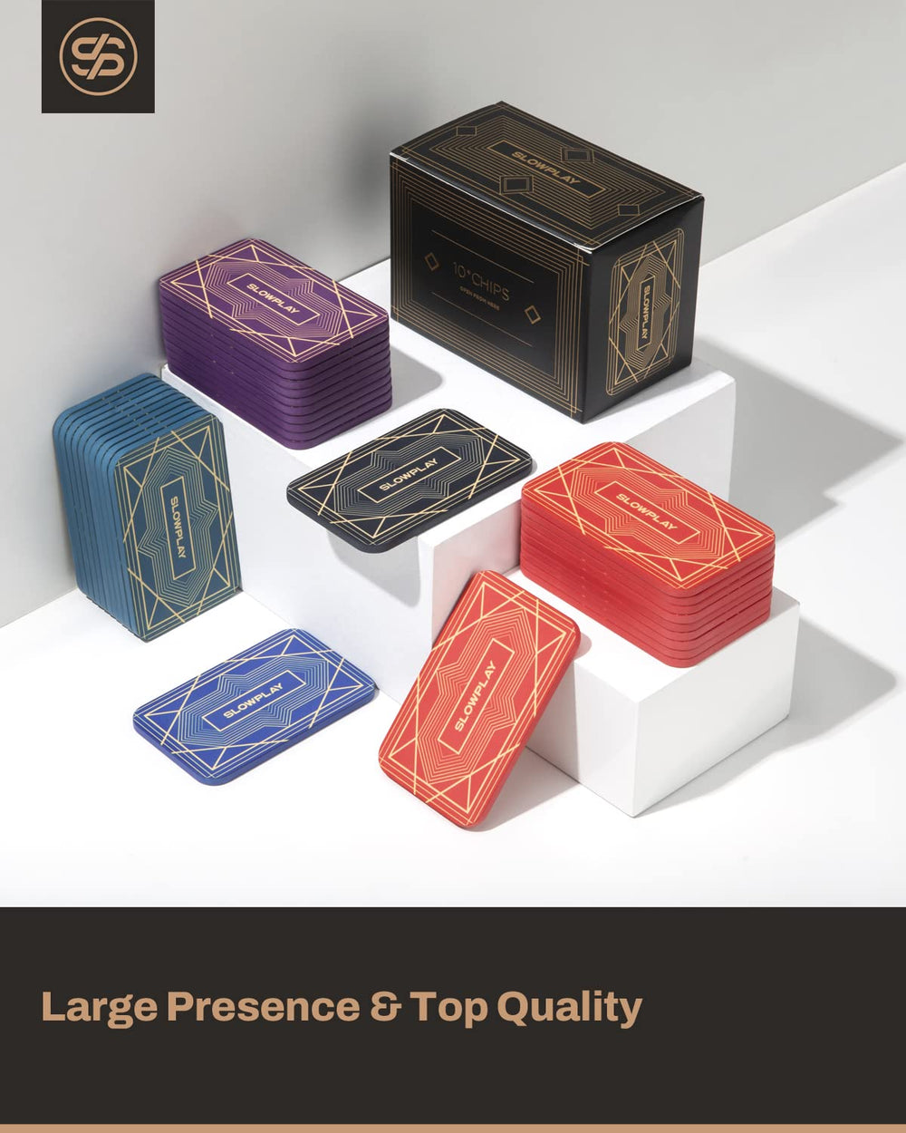 SLOWPLAY 34g plaques stay visible and balanced during stacks