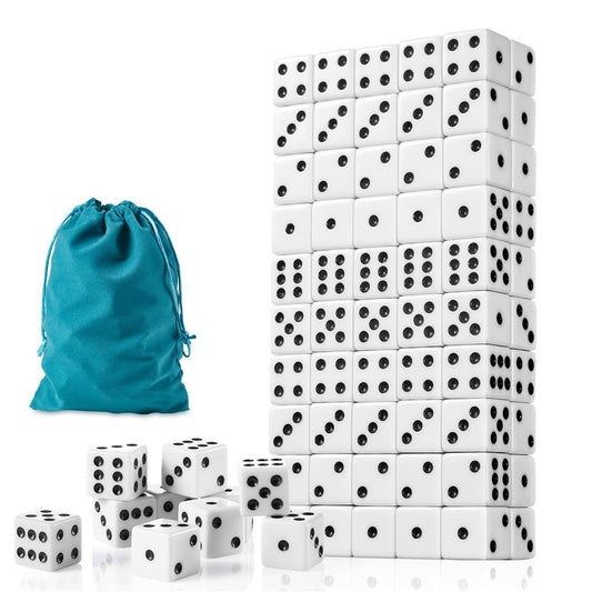 SLSESIN 100-piece dice set close-up of white D6 dice with clear black pips for gaming.
