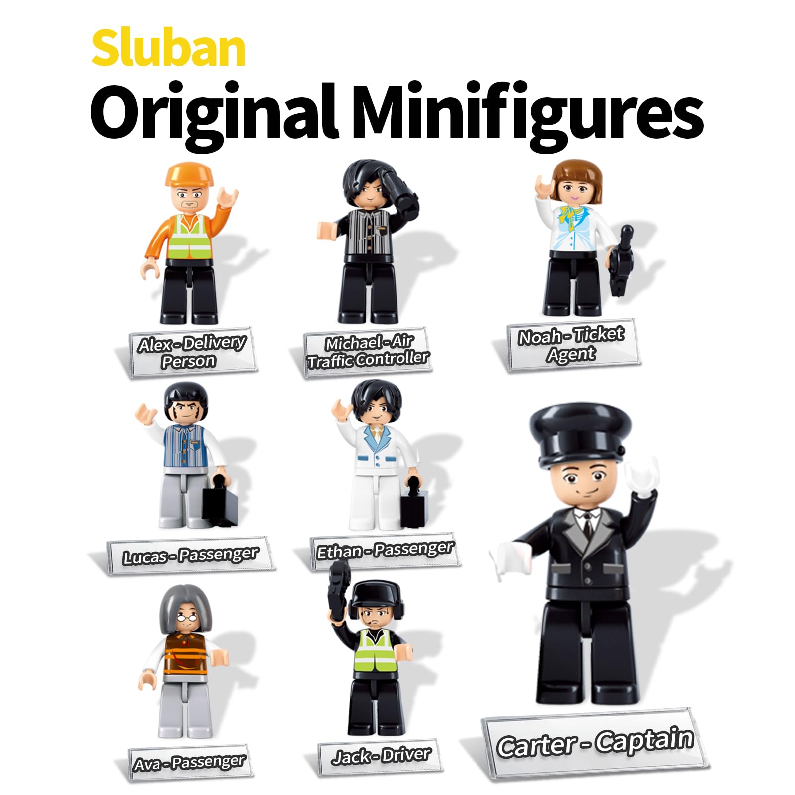 Sluban city airport playset with eight minifigures: multi-character role play options.