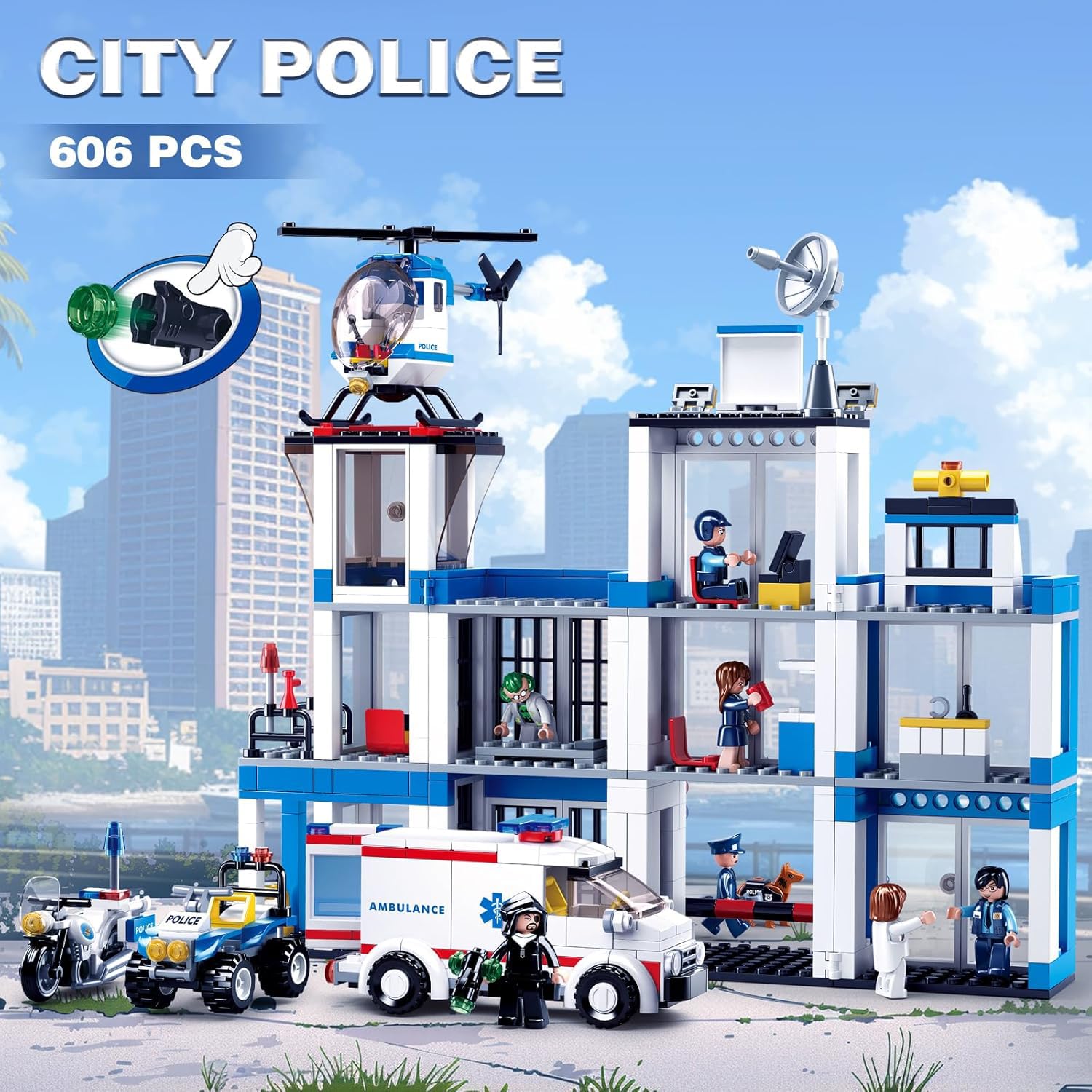 Sluban Police vehicles including motorcycle, helicopter, and ambulance for action