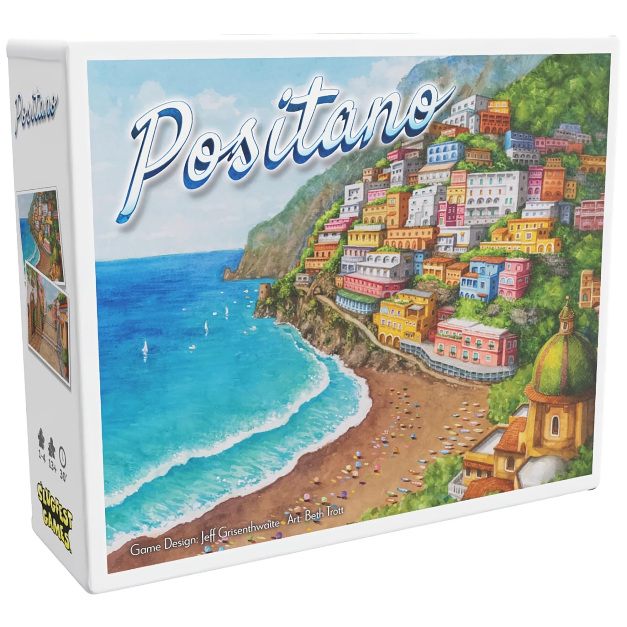SlugFest Positano beach board shows coastal layout for strategic bidding and building.