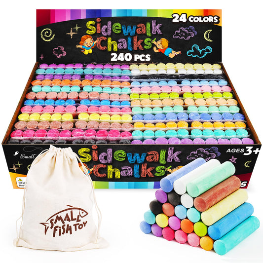 Small Fish 240-piece sidewalk chalk set in a box with 24 vivid colors, ideal for outdoor art.