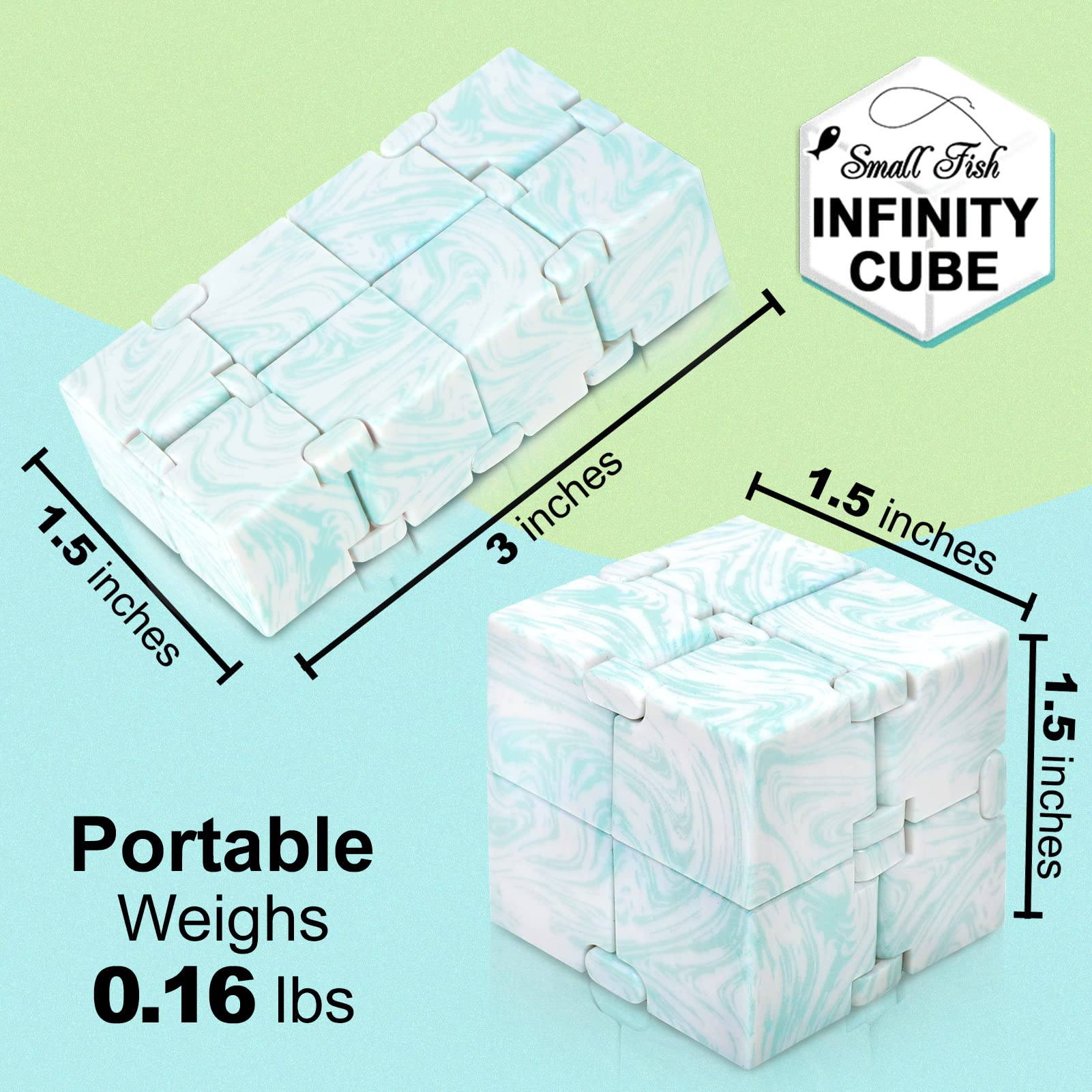 SMALL FISH Infinity Cube held in hand demonstrates one-handed portability for fidgeting.