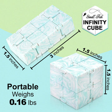 SMALL FISH Infinity Cube held in hand demonstrates one-handed portability for fidgeting.