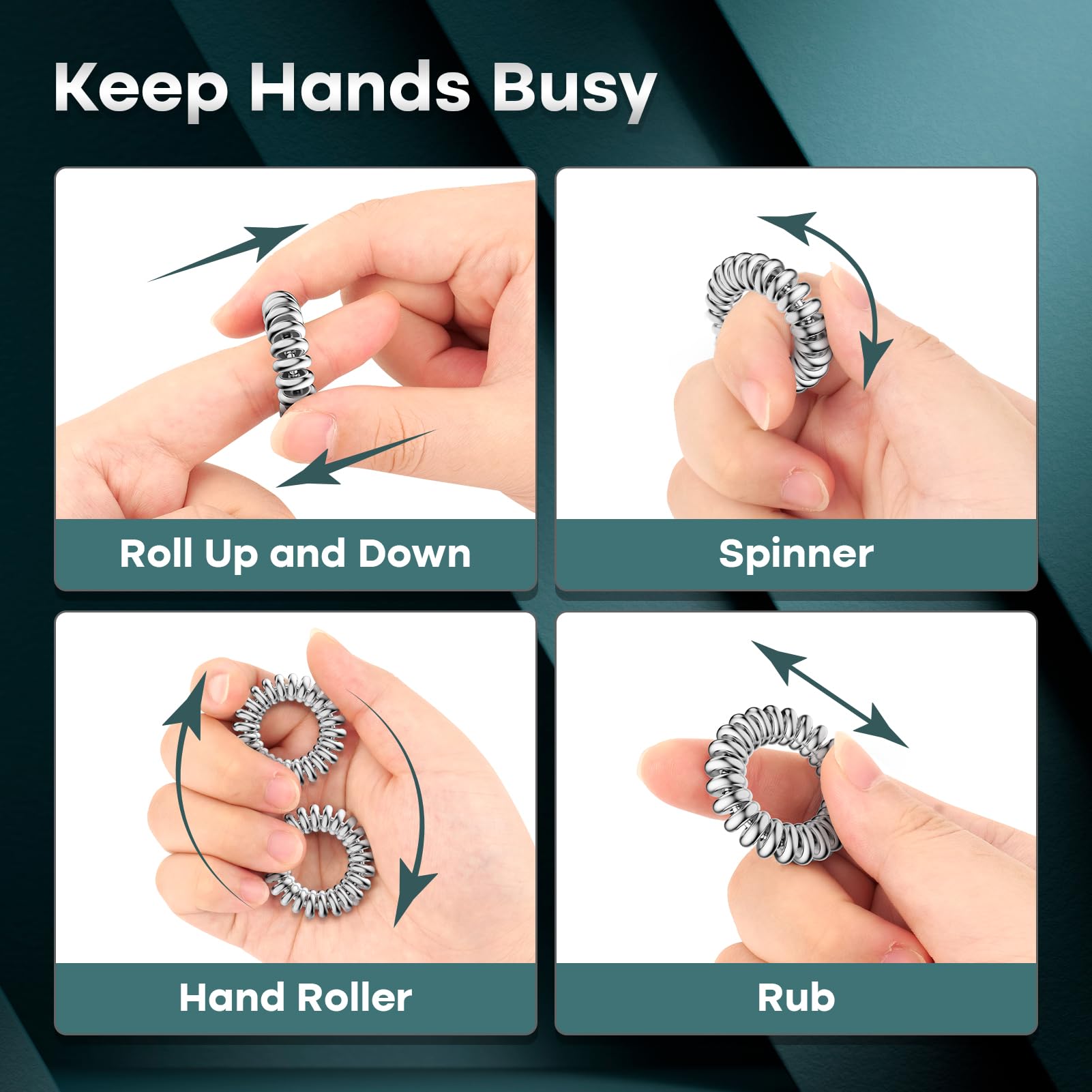 Small Fish metal fidget ring on finger demonstrates rolling motion.