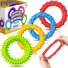 SMALL FISH sensory bracelet 4-pack shown in bright colors for on-the-go stress relief.