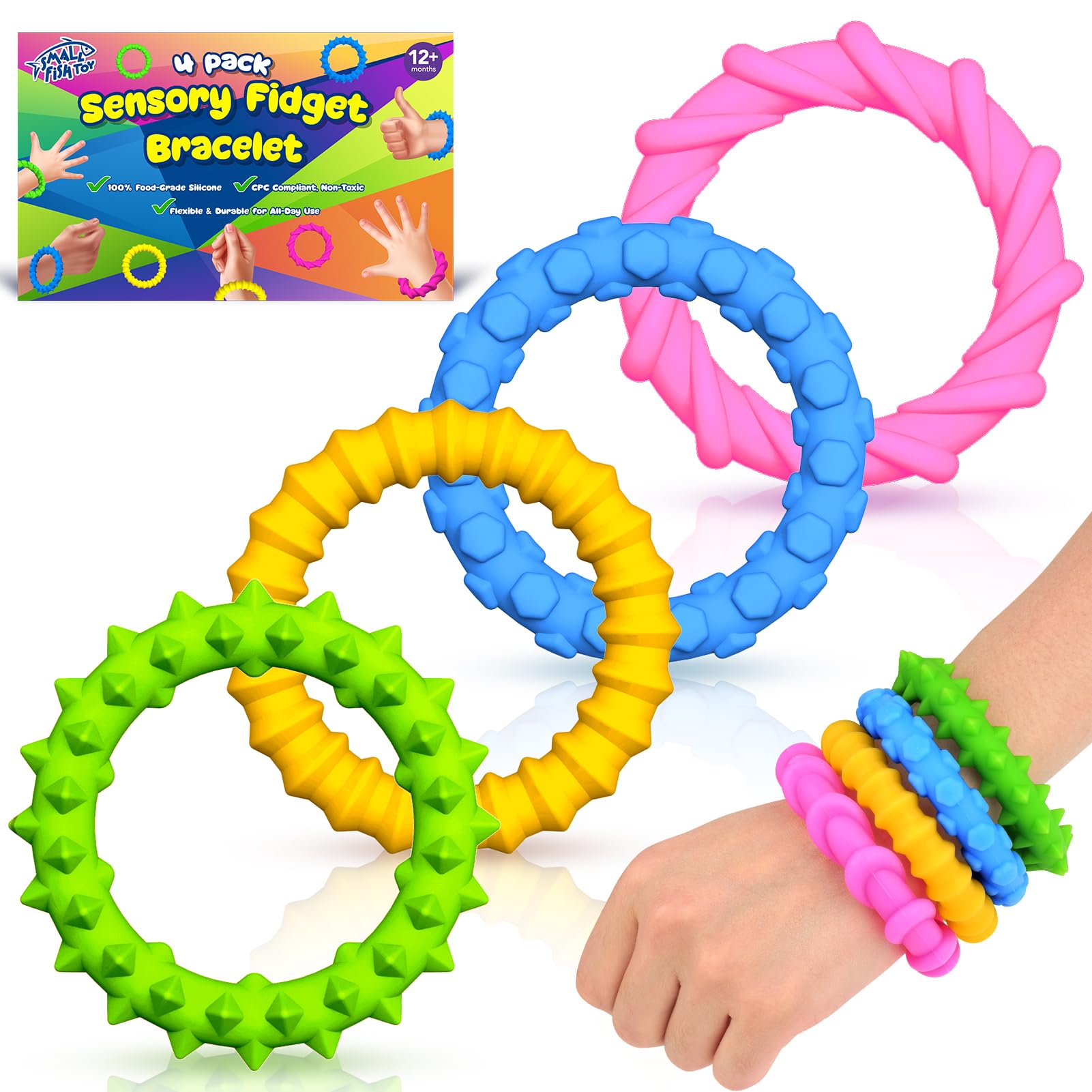 Small Fish Sensory Bracelet with bright texture on wrist supports calm focus during class