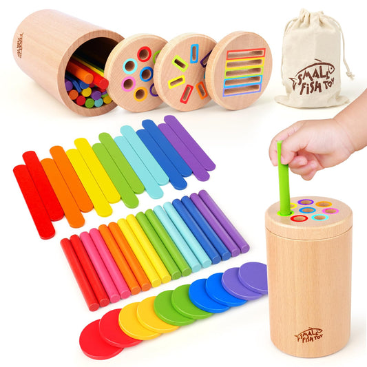 Small Fish wooden Montessori 3-in-1 toy supports fine motor skills and color recognition.