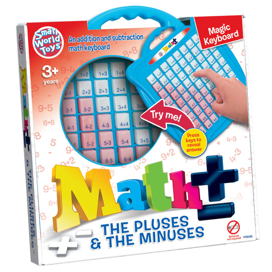 Small World Toys addition-subtraction keyboard in use for early math practice.