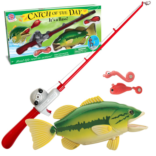 Small World Toys Catch of the Day bass fishing rod with magnetic lure ready for play and coordination