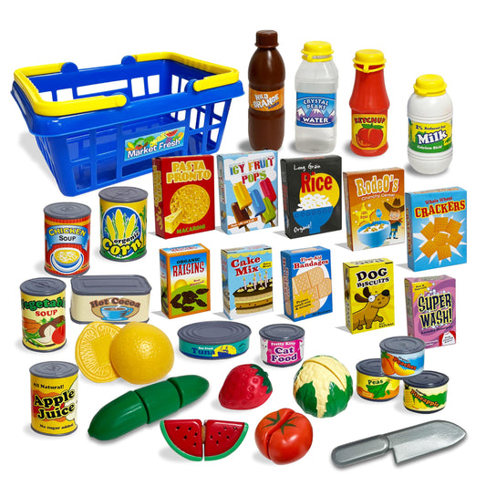 Small World Toys grocery basket with colorful play food for imaginative shopping play
