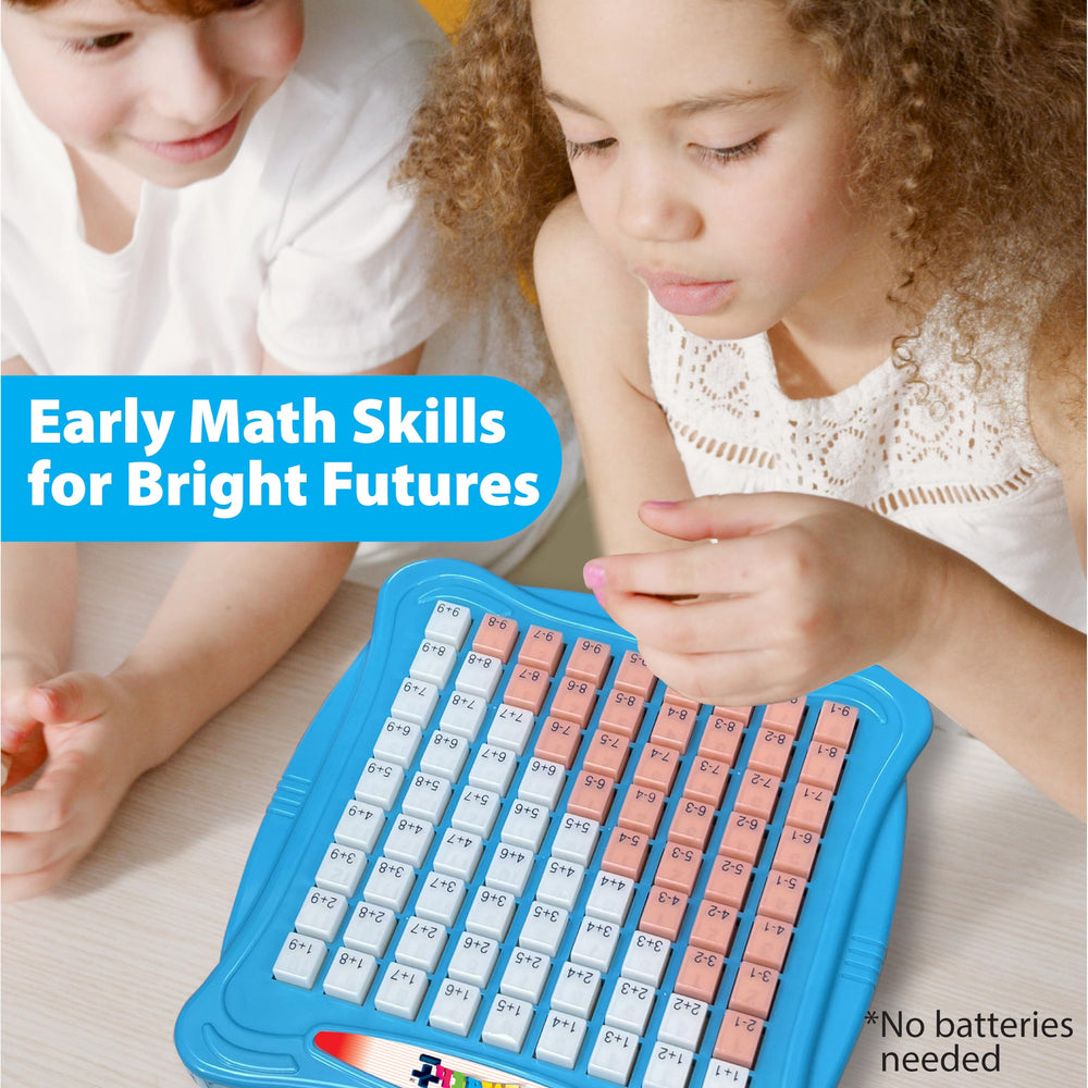 Small World Toys math grid showing addition and subtraction problems for kids.