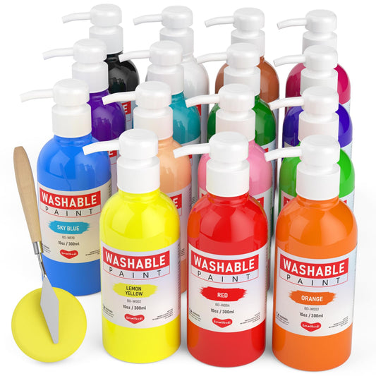 Smallbudi 15-color set with bulk pump for classroom painting and mess-free cleanup.