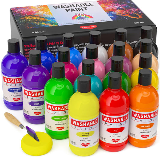 Smallbudi washable paint set with 18 colors in 250ml bottles for home and classroom