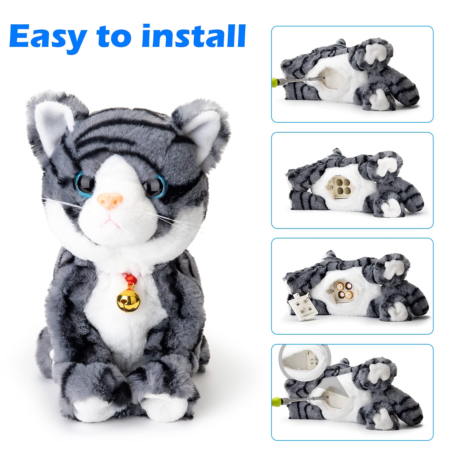Smalody interactive plush cat hand clap sensor triggers meows and movement.