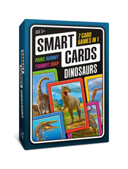 SMART CARDS Dinosaurs card game cover showcasing 50 dinosaur cards for immersive learning.