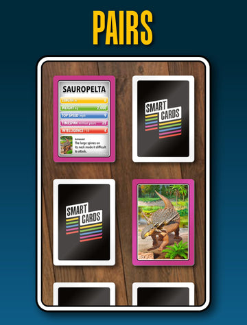 SMART CARDS Dinosaurs-pairs-trumps image hints pairing and strategy across multiple games.