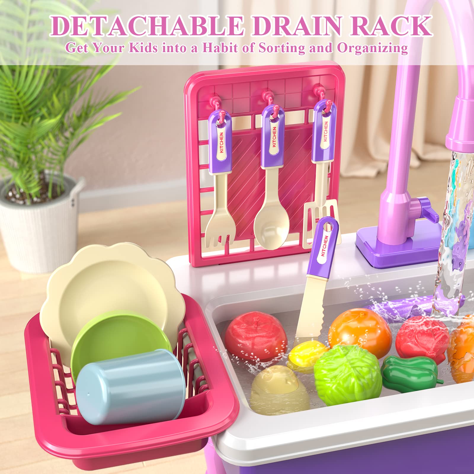 SmartChef removable dish rack helping kids tidy up after pretend meals