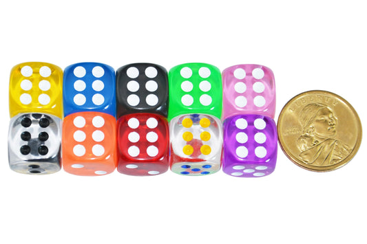Close-up of Smartdealspro D6 dice, 16mm transparent with visible pips