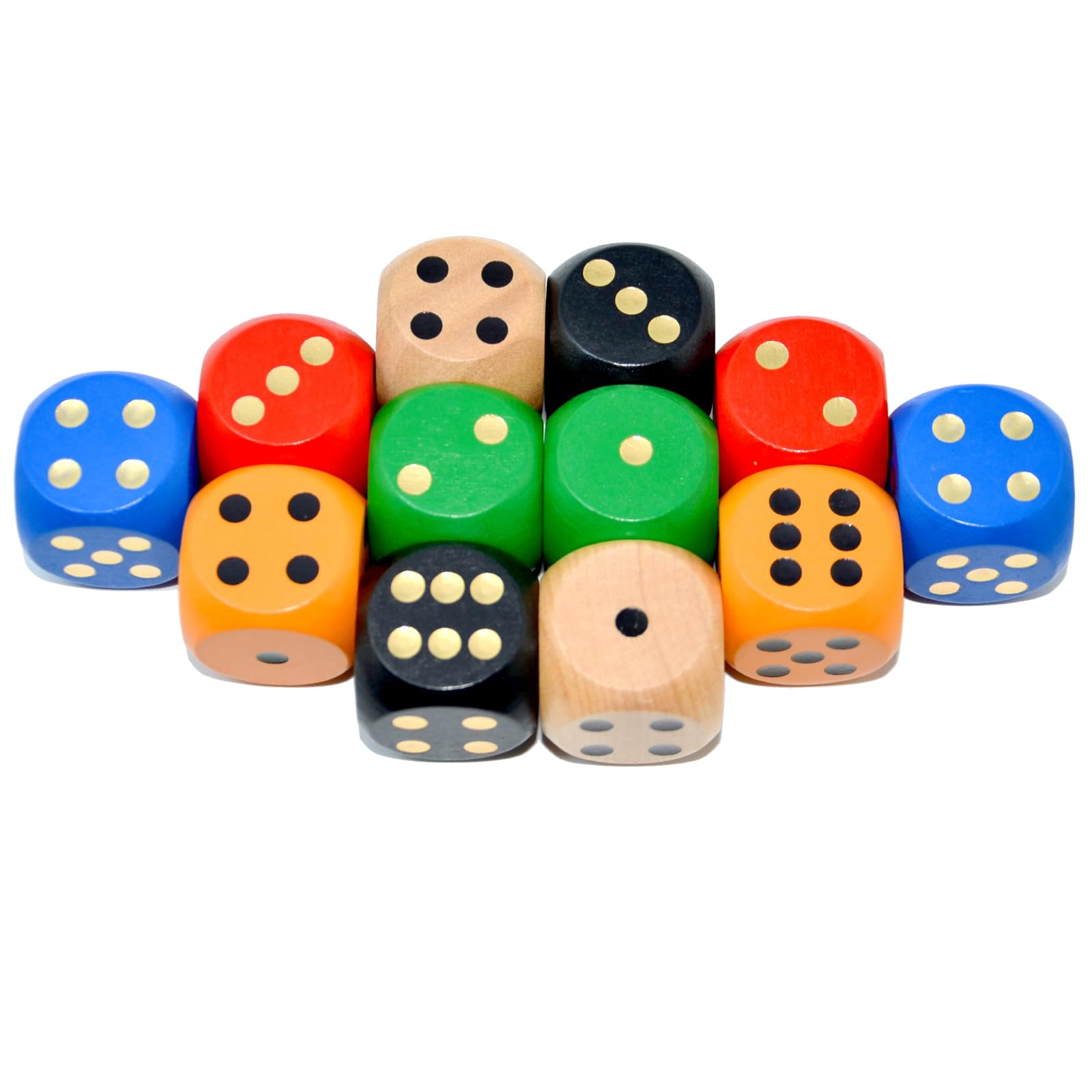 Smartdealspro round-edge wooden dice with gold dots, perfect for classroom math games.