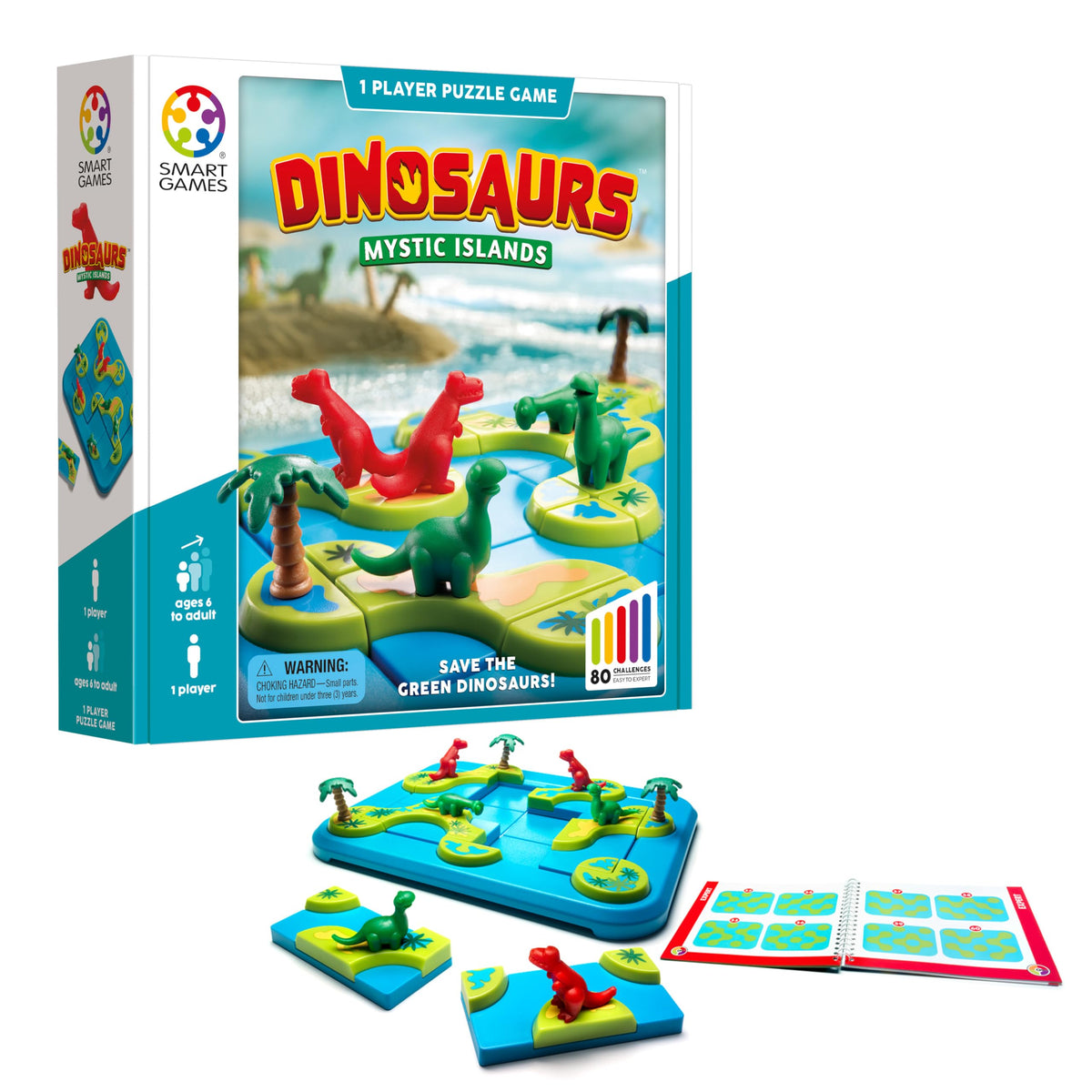 SmartGames Dinosaurs mystic islands puzzle board supports safe dinosaur separation.
