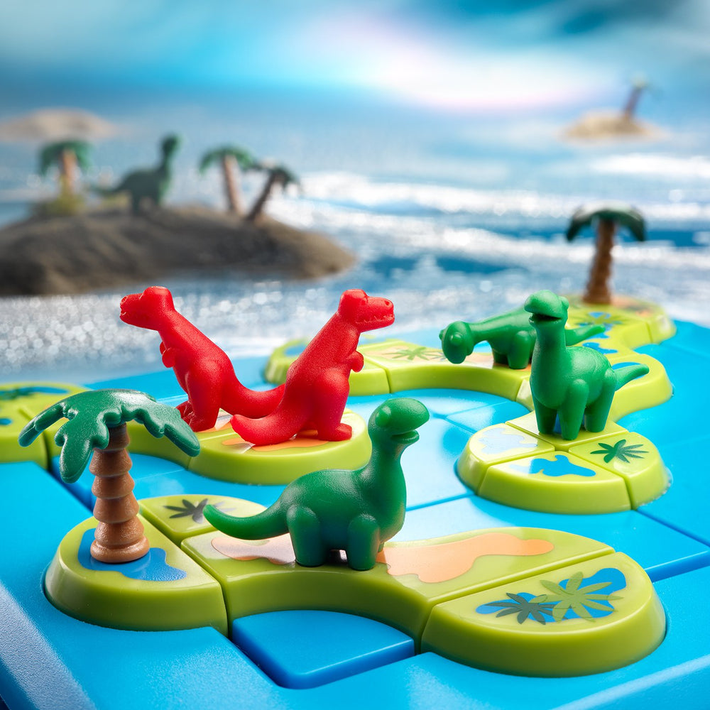SmartGames Dinosaurs vibrant theme sparks curiosity with colorful island scenes.