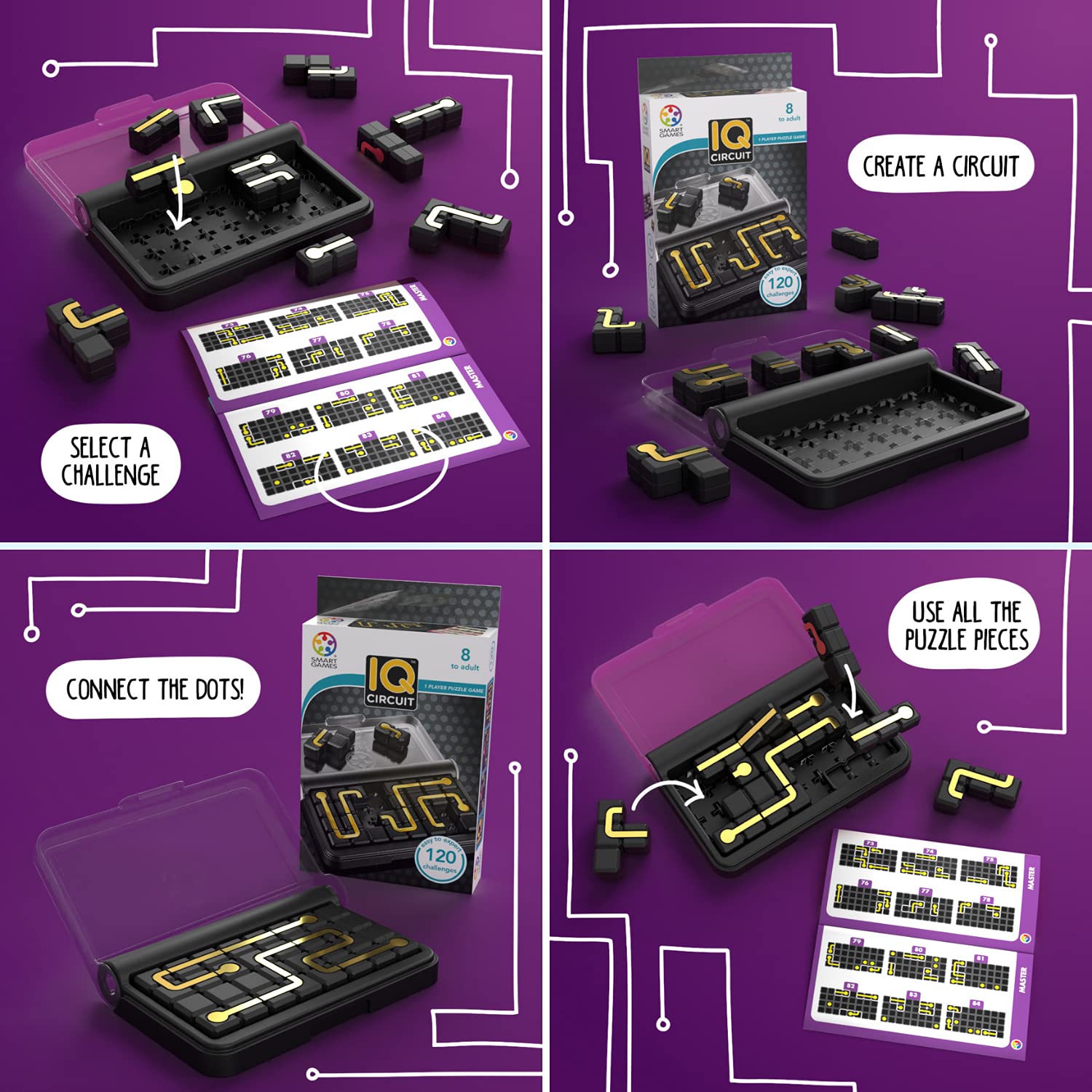 SmartGames IQ Circuit Series pieces and board displaying tangible puzzle components
