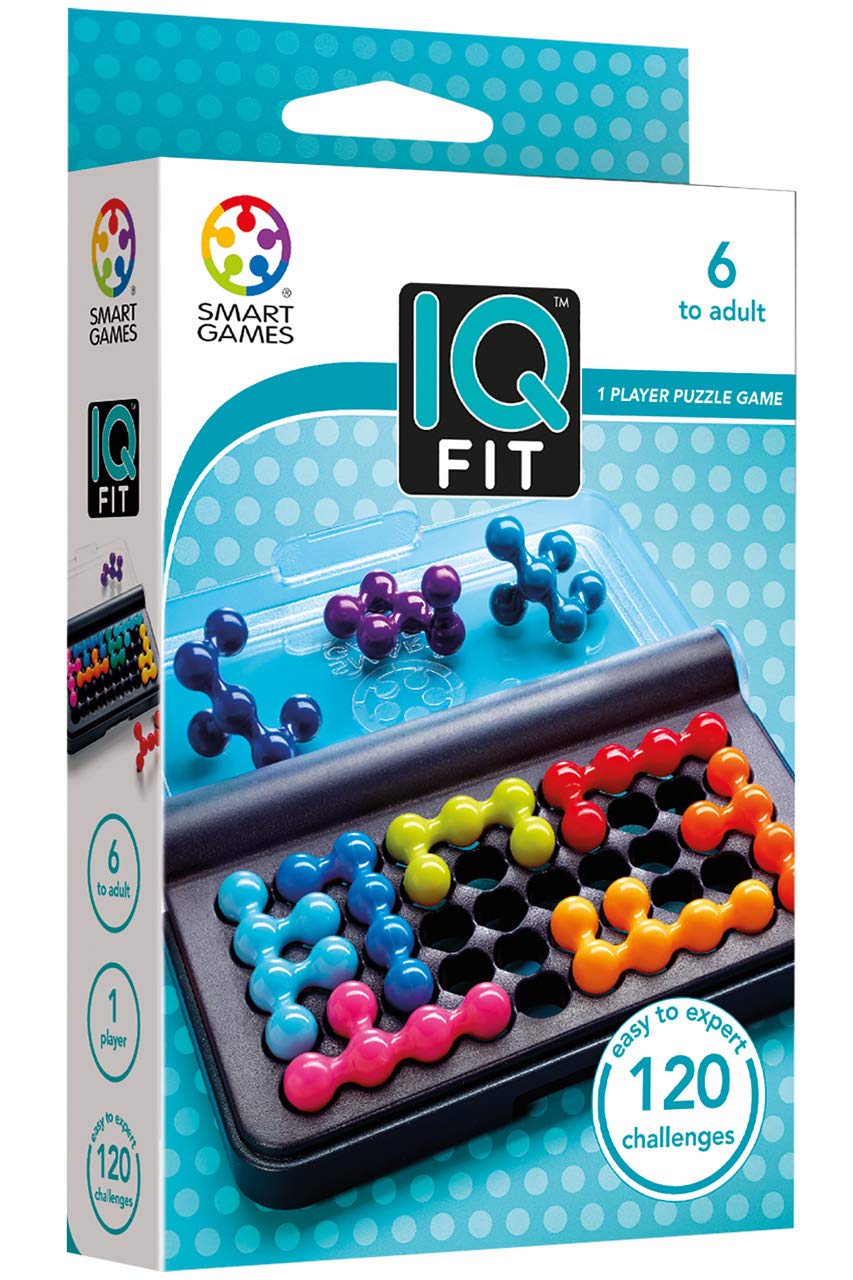 SmartGames IQ Fit travel case open with puzzle pieces ready for play anywhere.