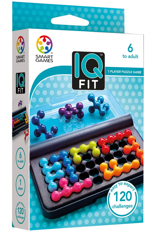 SmartGames IQ Fit travel case open with puzzle pieces ready for play anywhere.