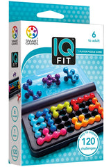 SmartGames IQ Fit travel case open with puzzle pieces ready for play anywhere.