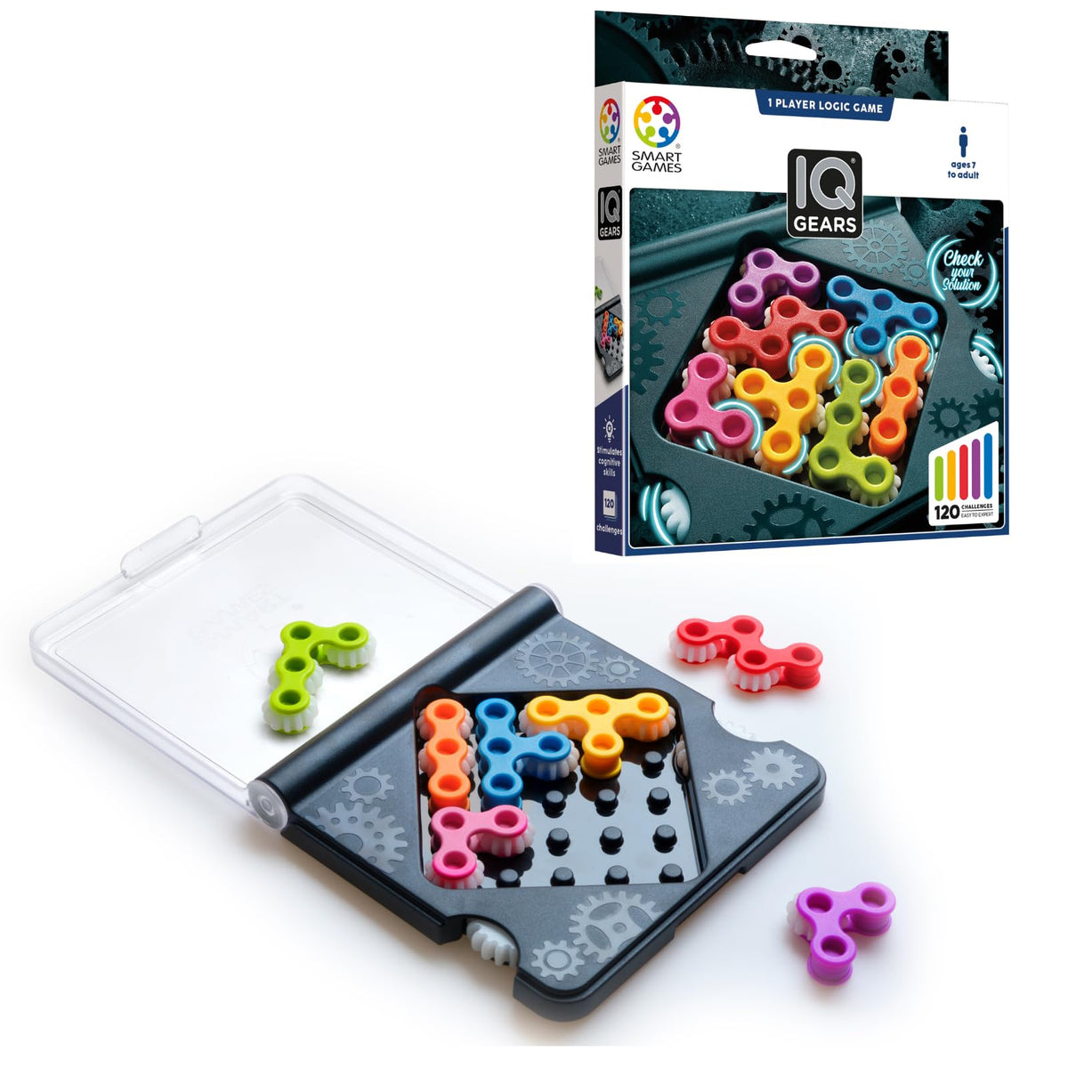 SmartGames IQ Gears travel case and board for portable puzzle play on the go.