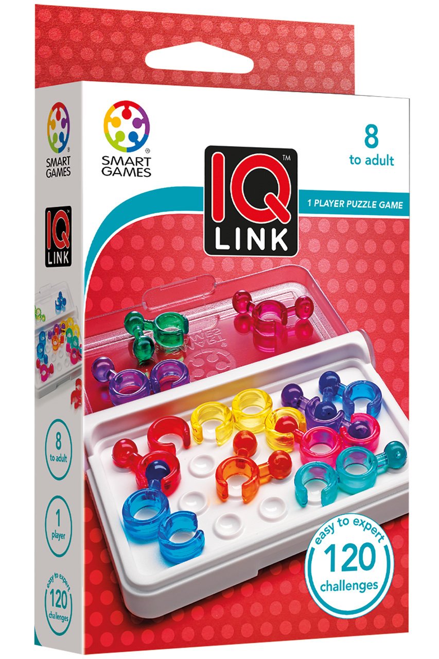 SmartGames IQ Link booklet with 120 challenges for progressive brain-teasing sessions.