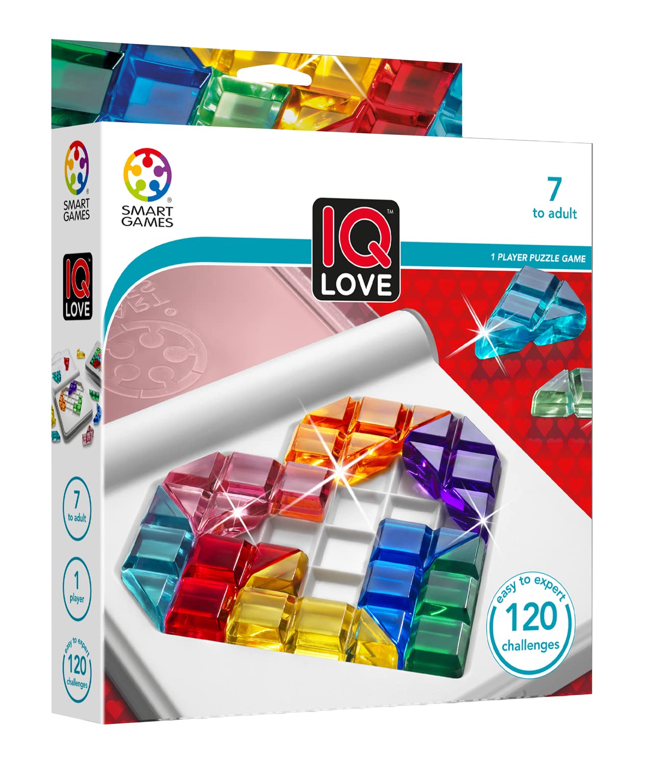 SmartGames IQ Love challenge booklet with 120 puzzles and solutions for guided play.