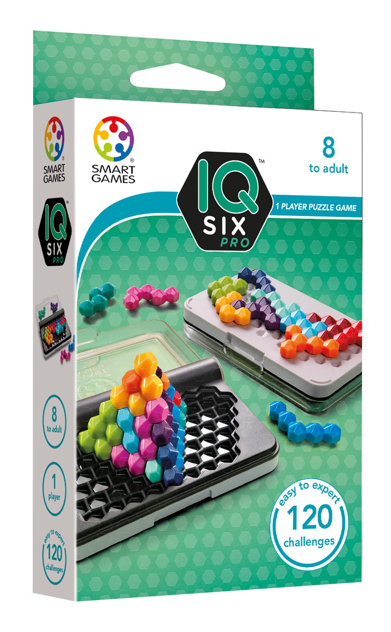SmartGames IQ Six Pro hexagonal puzzle pieces for engaging, color-coded challenges.