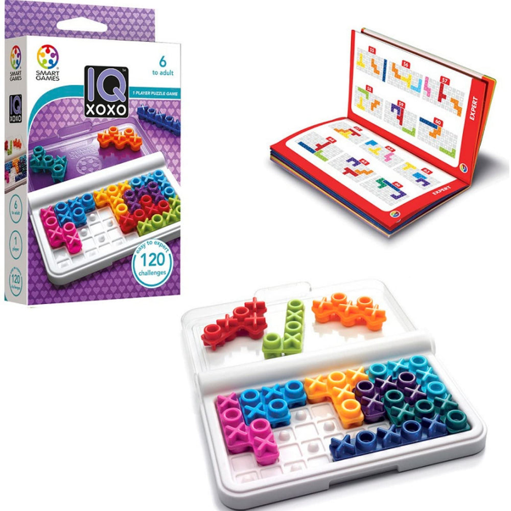 SmartGames IQ XOXO board with colorful pieces for focused solo logic play.