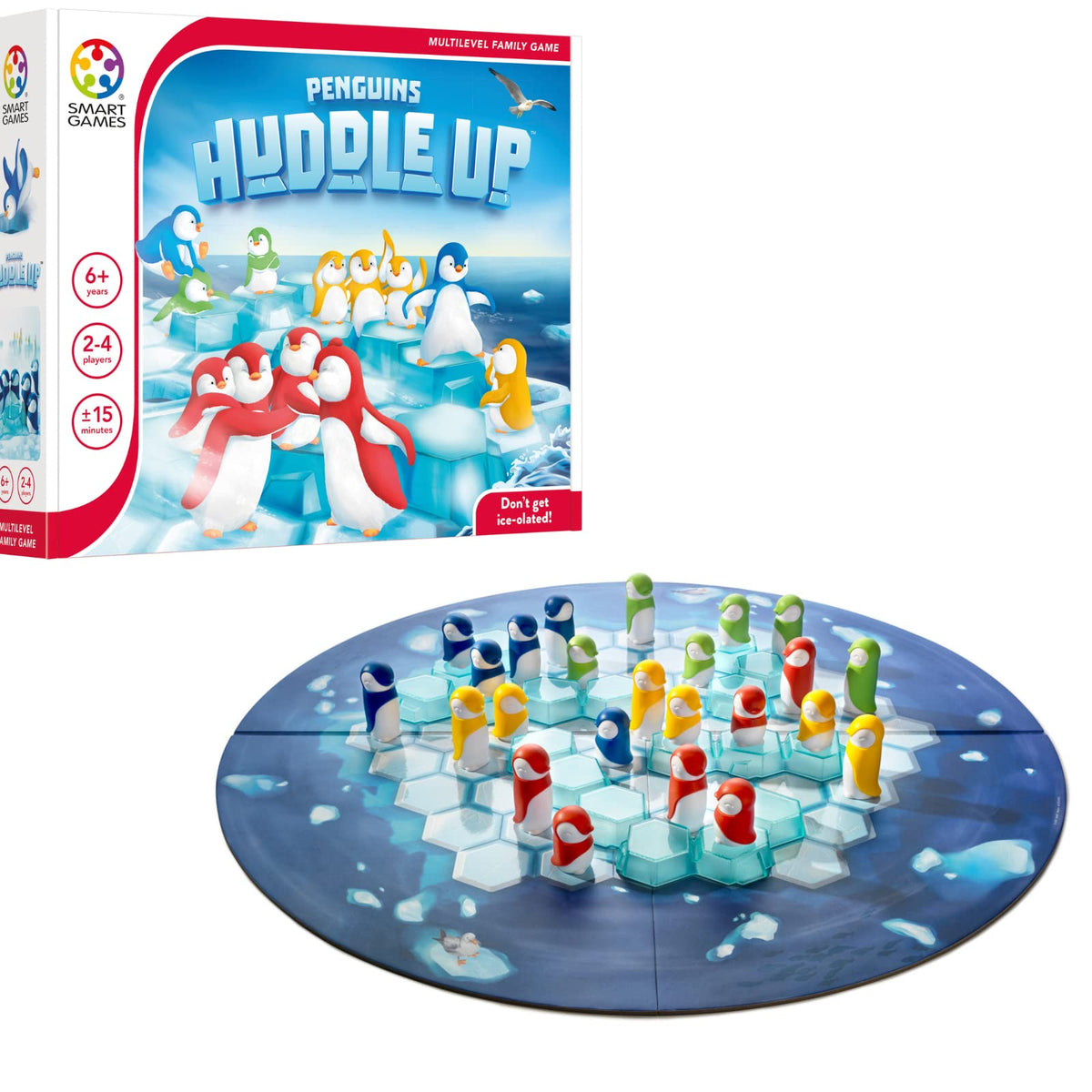 SmartGames Penguins Huddle Up setup with penguin figures for family strategy fun.