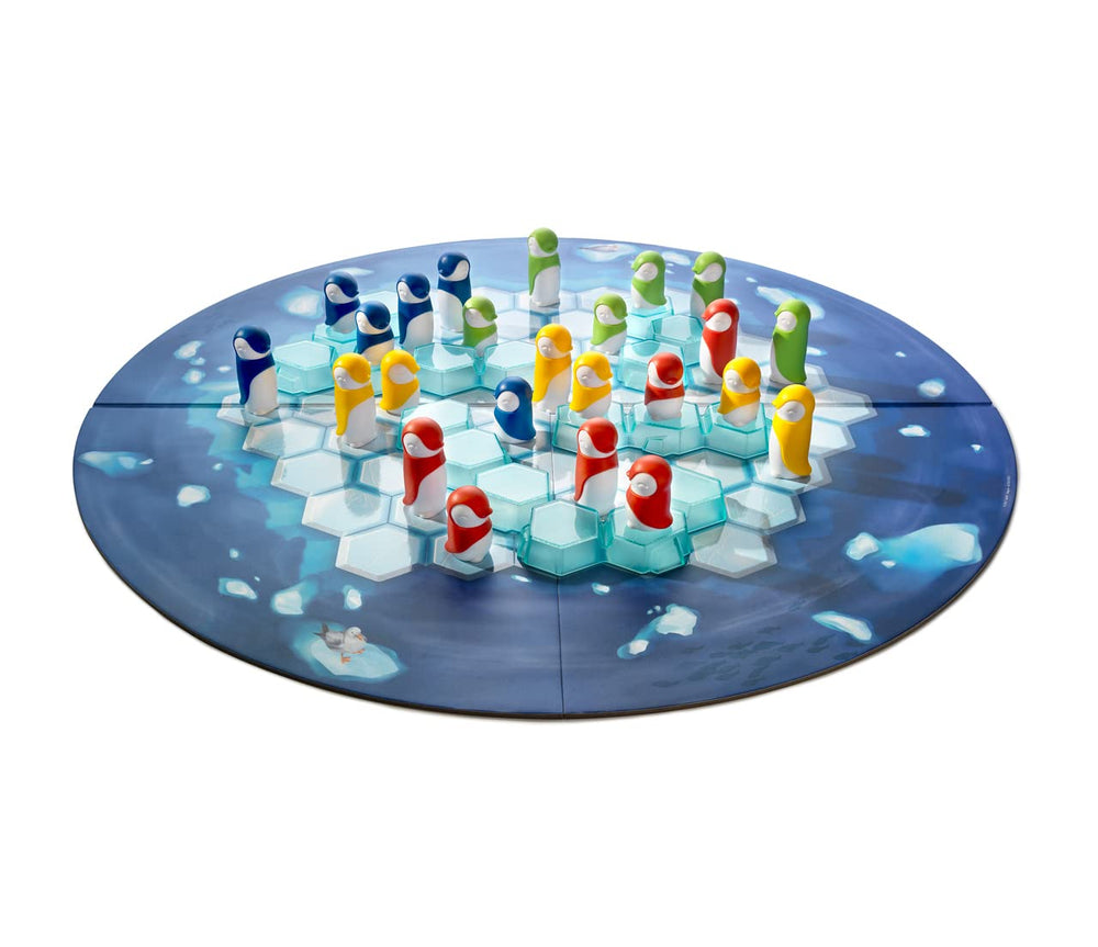 SmartGames Penguins pieces in motion illustrate sliding strategy across tiles.
