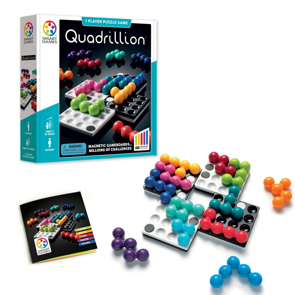 SmartGames Quadrillion magnetic boards arranged for travel-friendly puzzle play